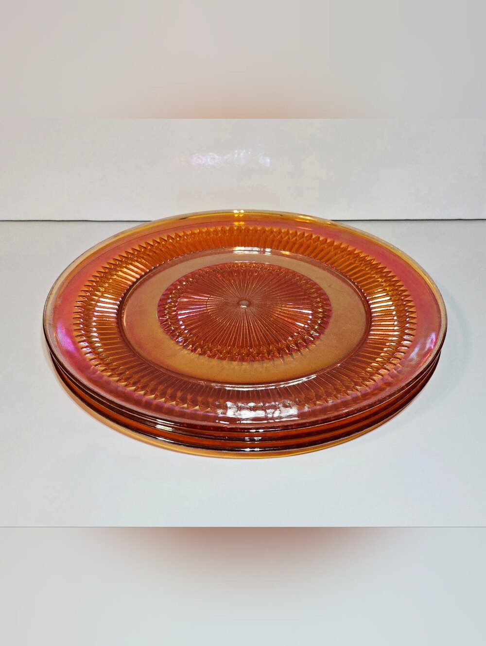 Jeannette 'Anniversary' Carnival Glass Plate 10" Set of 3 Iridescent Glassware